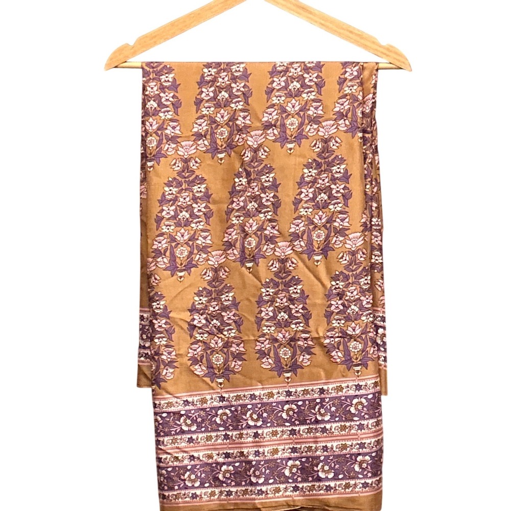 Vintage 70s Silk Fabric 6 Yards Mustard Plum Floral Border Boho Print Cottage